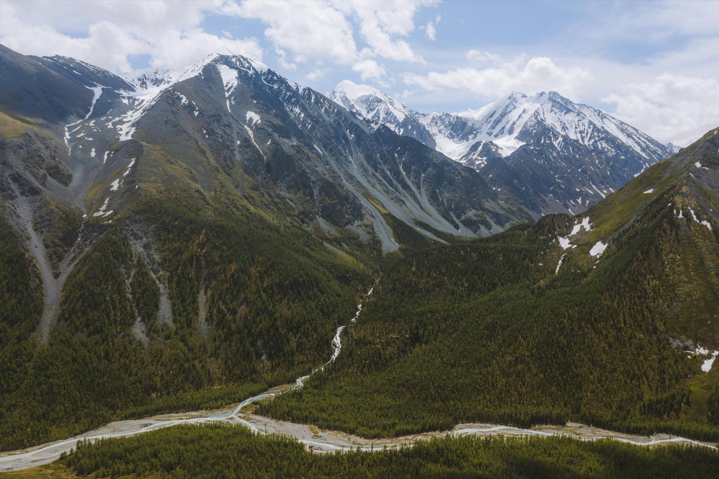 Braided glacial rivers in a valley of the Altai Mountains
